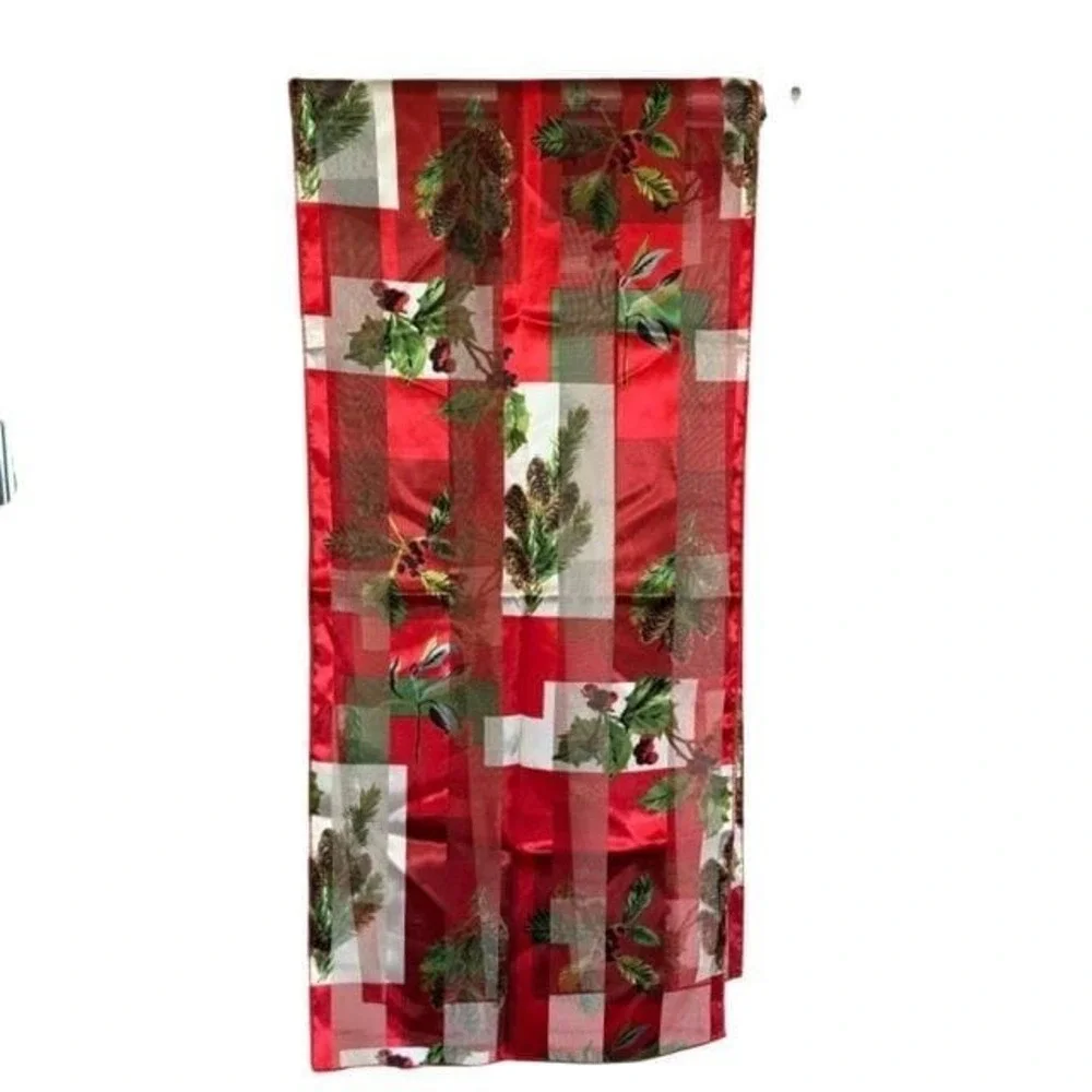 Vintage Christmas Holly Pinecone‎ Red Checkered Sheer Stripe Polyester Scarf